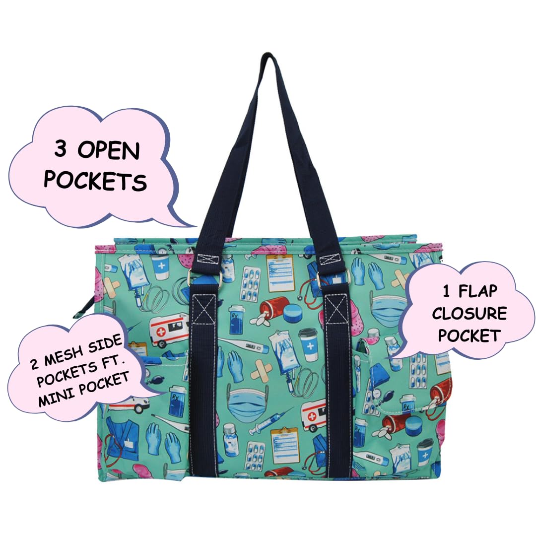 NGIL Utility Water Resistant Tote Bag, Top Zipper Closure, Perfect Gifts for Working Women, Nurses, Gym bag (Scrub Life- Navy)