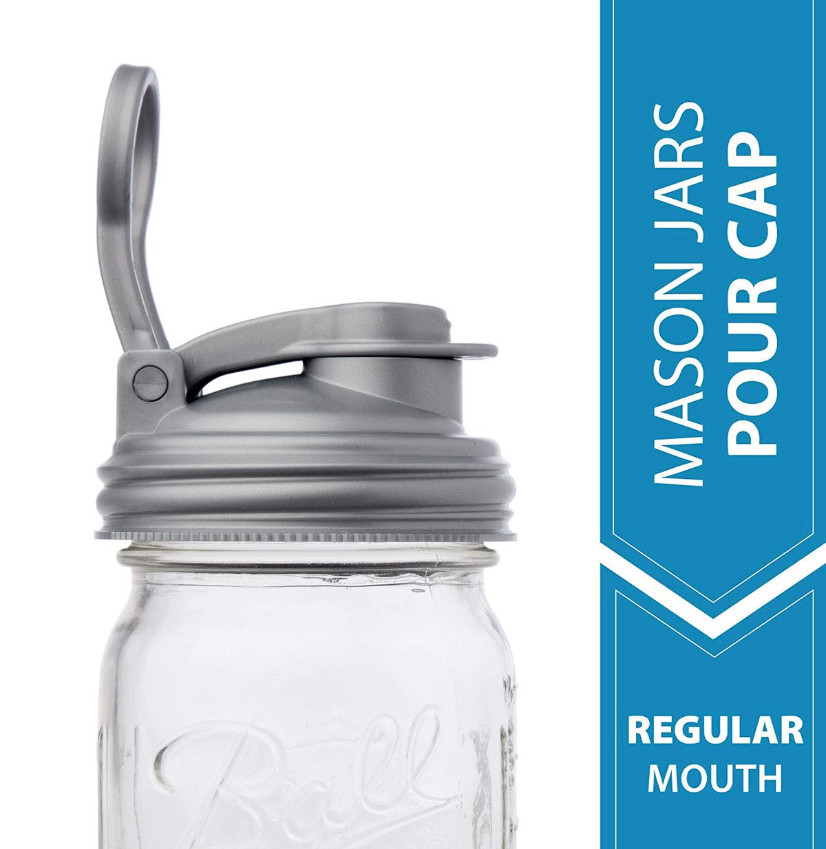 reCAP Mason Jar Pour Lid with Foldout Carry Loop, Regular Mouth with Leak-Proof Seal, USA Made, Silver