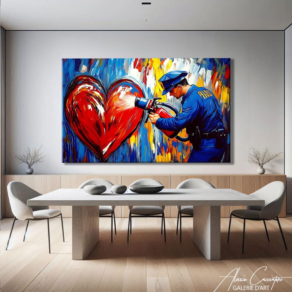 Alessio Cacciatore Quadro Polizia - Street Art Tela grande - Decorazione da parete a forma di cuore - Stampa su tela romantica - Decorazione da parete Street Art - Immagine romantica per camera da