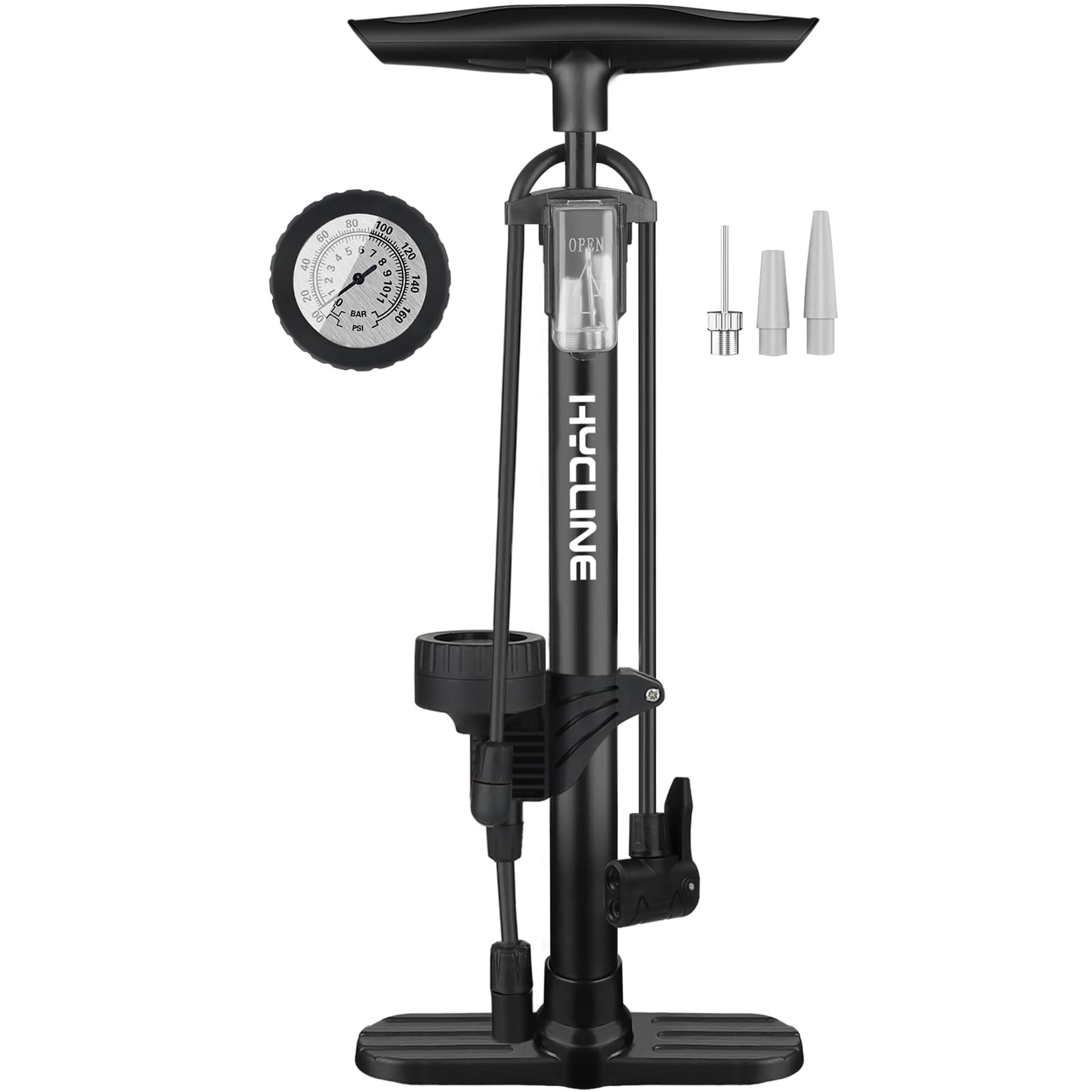 Hycline Bike Floor Pump with Gauge - Bicycle Pump with Both Presta and Schrader, Bike Pump for all Bikes, Foot Pump for Car Tyres, Road Mountain Bikes & Balls