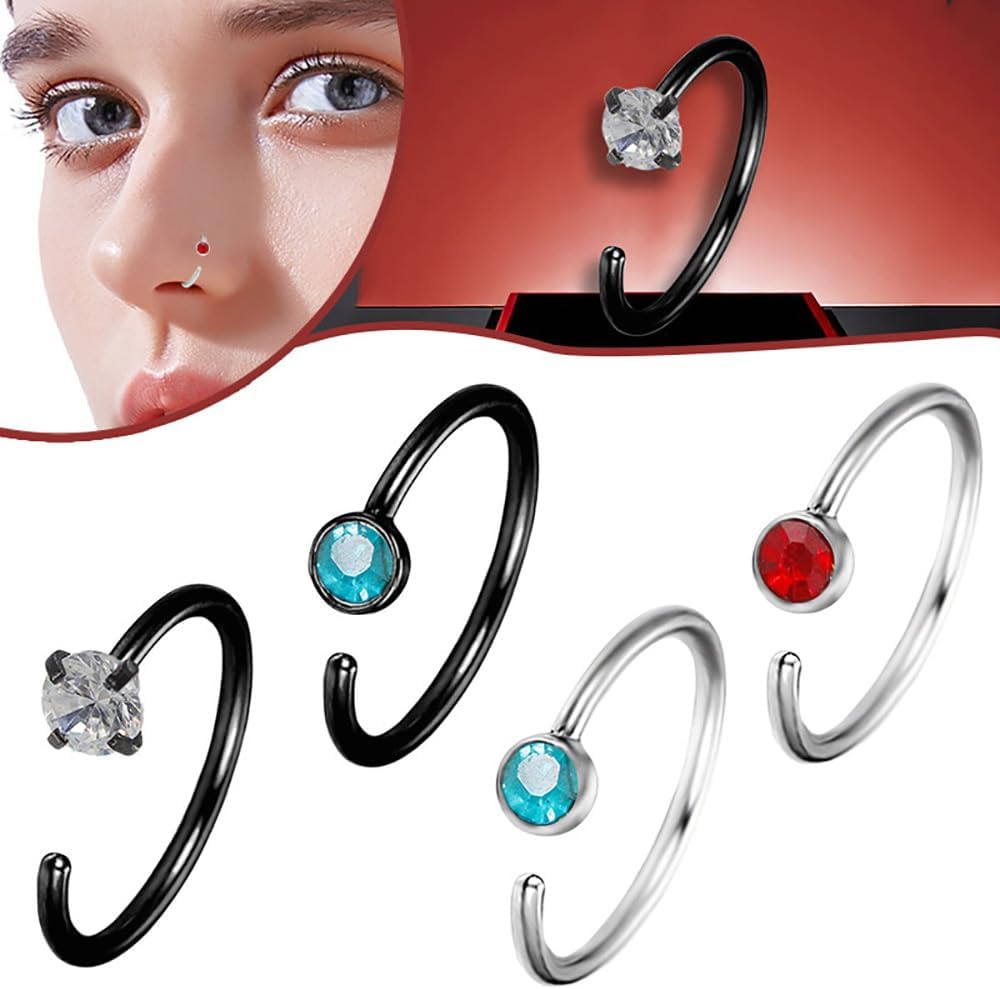 4Pcs 20G Round CZ Nose Rings Hoop for Women Men 316L Surgical Steel C-Shaped Nose Ring 8mm Hoop Cartilage Earrings Minimalist Nose Nostril Piercing Jewelry