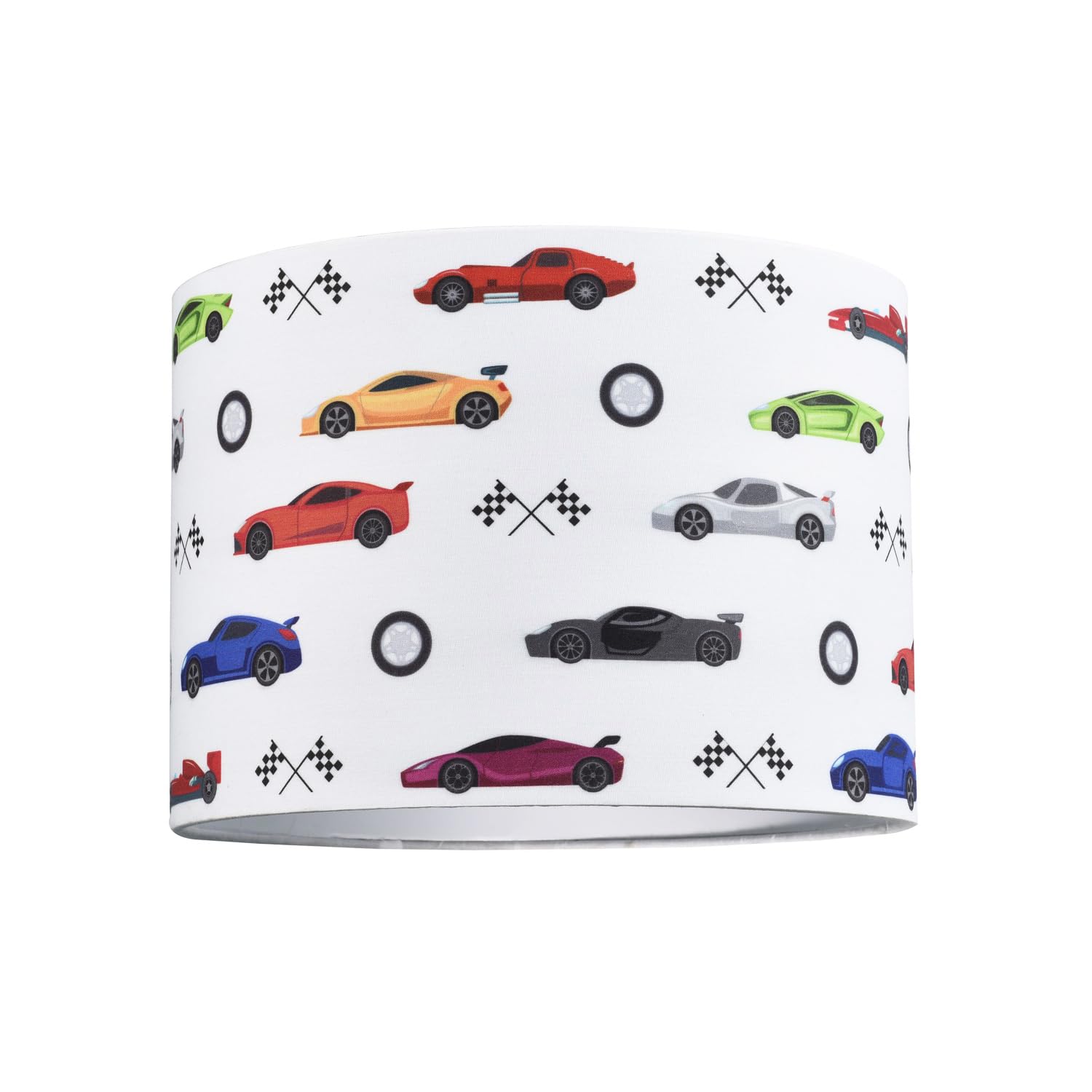 Modern and Colourful Racing Cars Kids Cotton Fabric Round Drum Lamp Shade | 25cm Diameter | 60w Maximum | Inner Cotton Lining by Happy Homewares