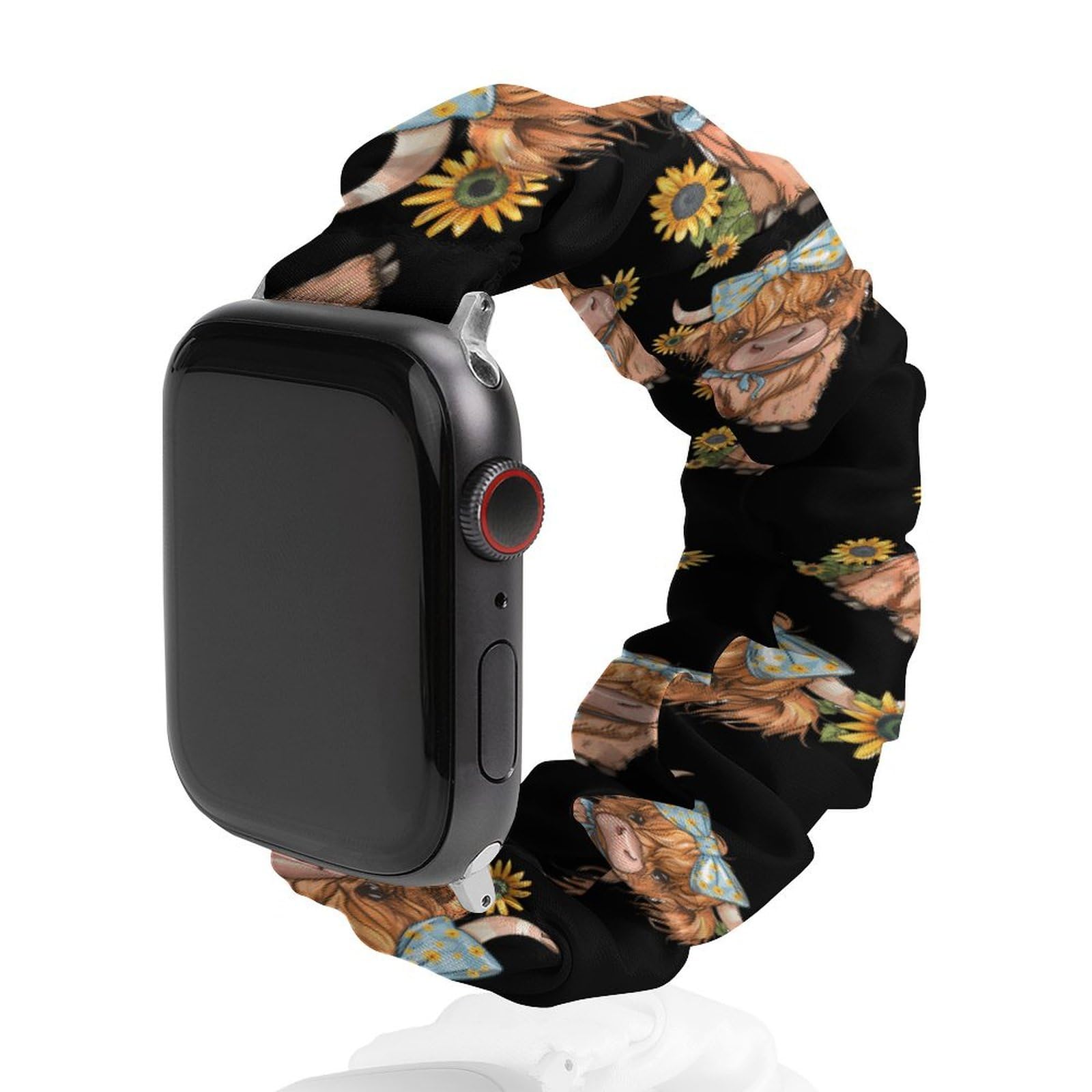 Highland Cow With Sunflowers Scrunchie Watch Bands Soft Elastic Replacement Wristband Compatible with Apple Watch