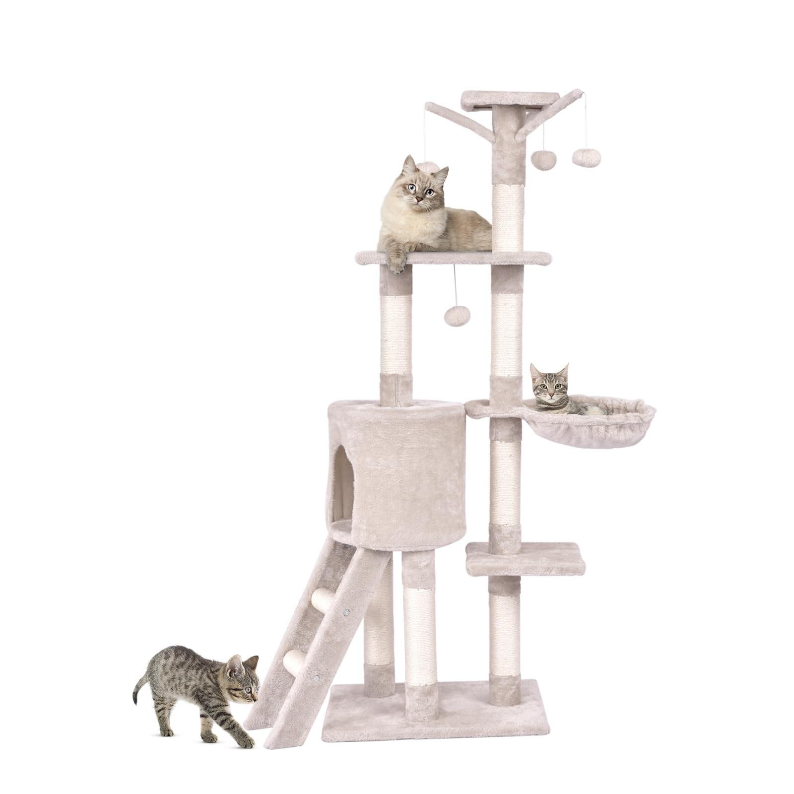 COSTWAY Tiragraffi per Gatti Alto 140 cm, Albero Tiragraffi Gatto con Tiragraffi in Sisal, Cesto, Piattaforma, Scala e Palline Pendenti, Torre Multi-Livello per Gatti da Interno