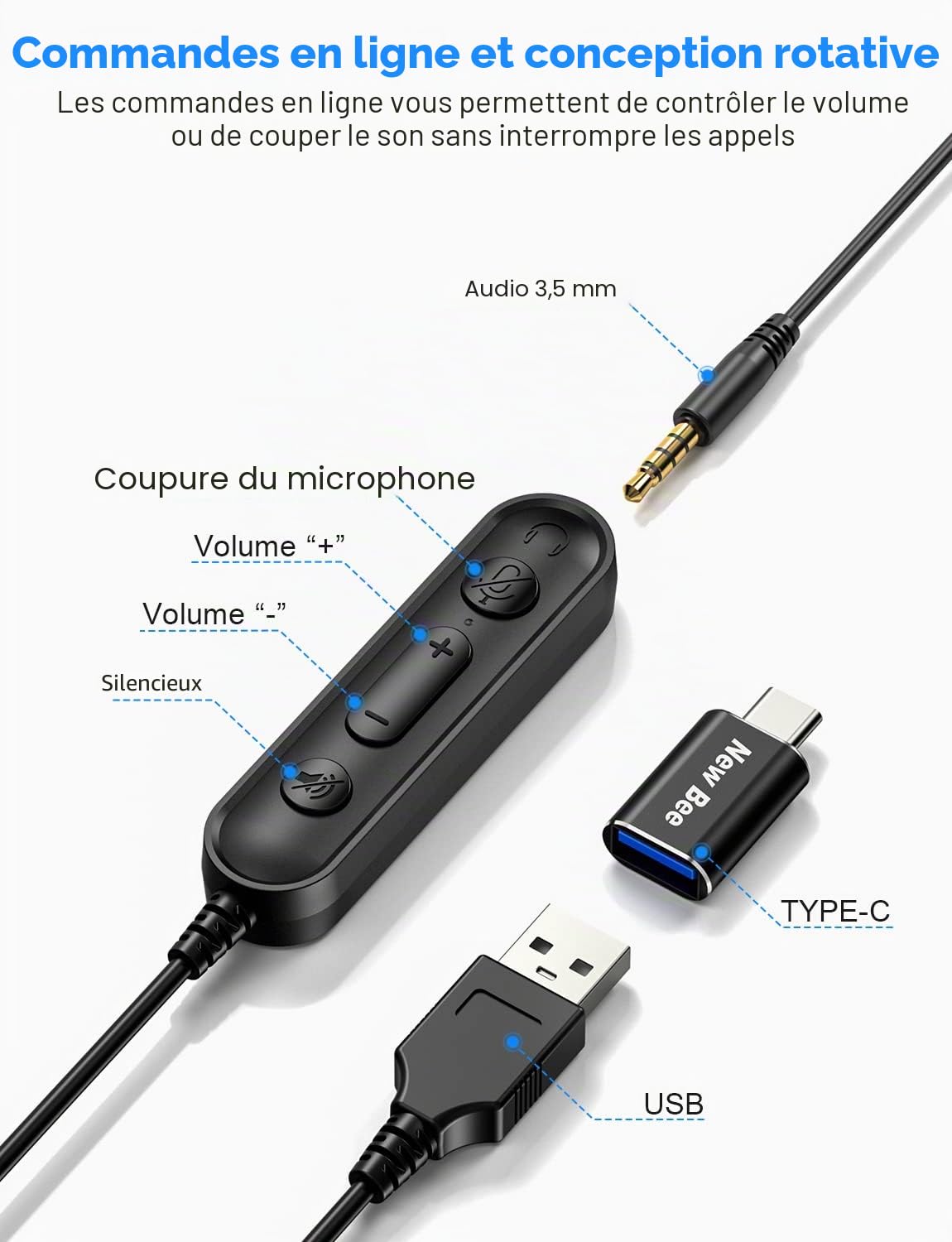New Bee Casque Micro, Casque USB,Casque PC Microphone Réglable,Casque USB d' Conférence/Skype Chat/Cours en Ligne