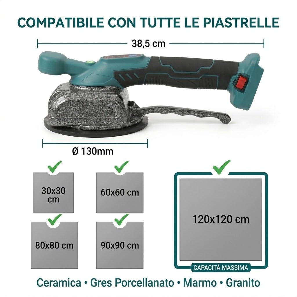 Piastrellatrice Vibrante per Piastrelle — Ventosa Elettrica Professionale 28.000 Vib/min, 5 Velocità, Portata 100 kg, 2 Batterie Litio, Livella Integrata — Kit Completo Dealix per Pavimenti e Pareti