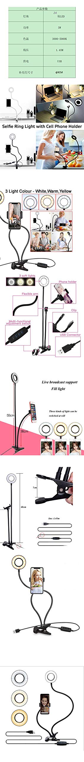 Luce ad Anello LED Ring Light, Lampada Anulare Regolabile 21" Clip per Telefono Flessibile a Collo di Cigno, 3 modalità Colore per Youtube,Trucco, TIK Tok, Fotografia