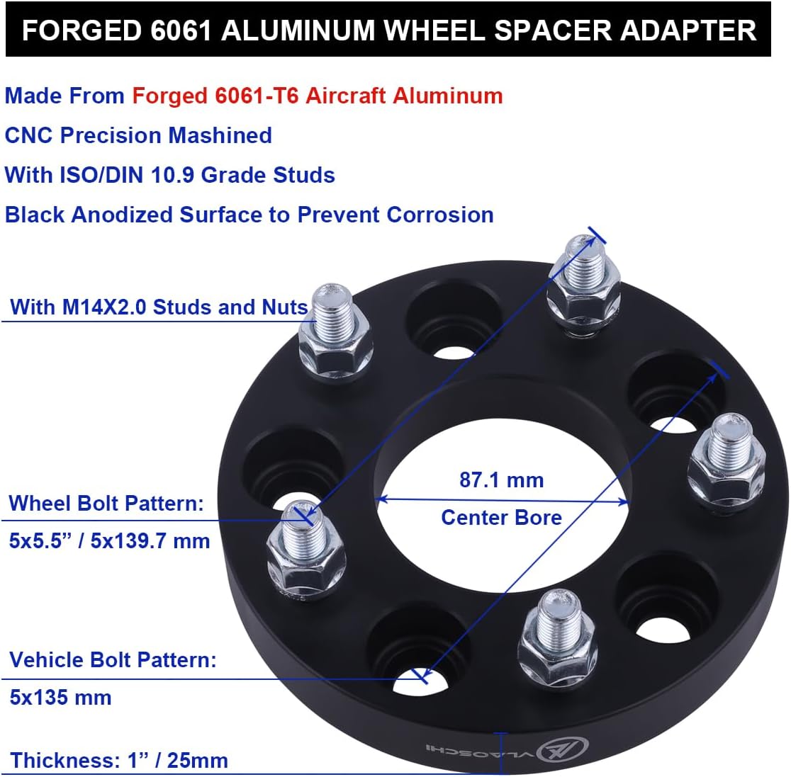 Black Forged 5x135 to 5x5.5 Wheel Adapters 1 Inch with 14x2.0 Studs Compatible with Ford Lin-coln 5 Lug for 1997-2003 F150 | 1997-2002 Expedition | 1998-2002 Navigator - Pack of 4
