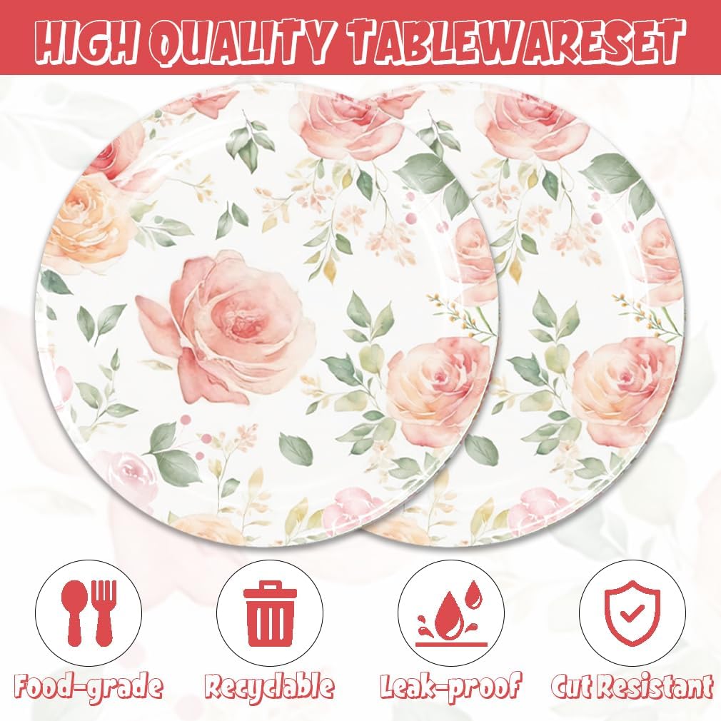 Egami 40pcs Floral Birthday Party Supplies,include 20 Dessert plate and 20 Napkin,Used for Bridal Baby Shower Pink Rose Gold Party Decoration (Floral)