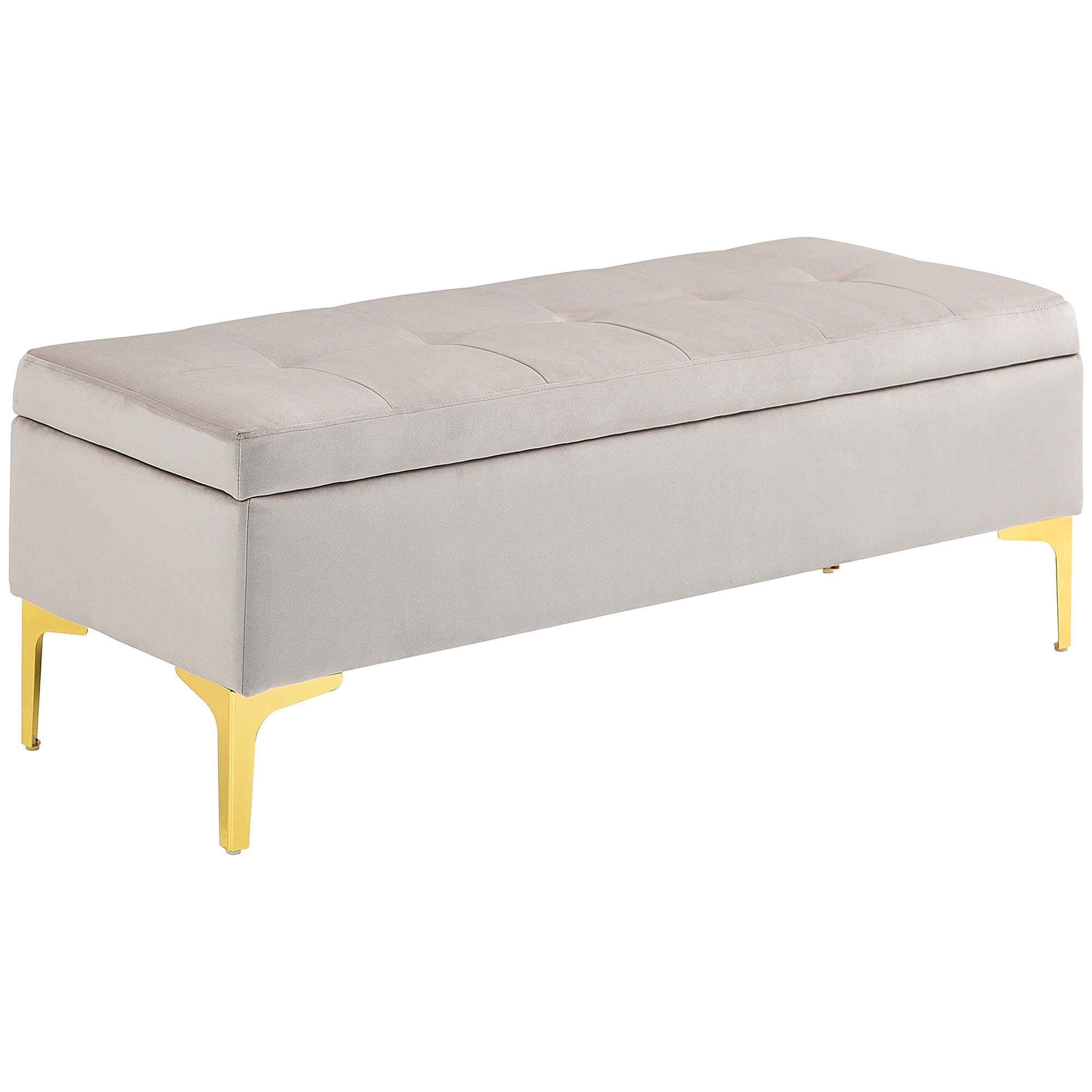 HOMCOM Banco contenedor aterciopelado y acolchado, banco con fondo de cama acolchado con botones y patas doradas, 120 x 44 x 44,5 cm, gris claro