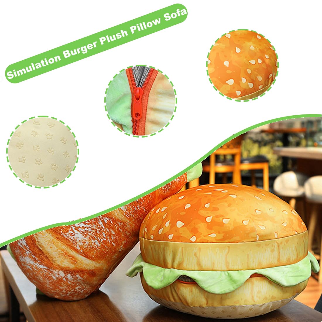 ELAINREN Burger Plush Sofa Pillow - 15.7 Inch Simulation Food Stuffed Toy For Decoration & Gifts