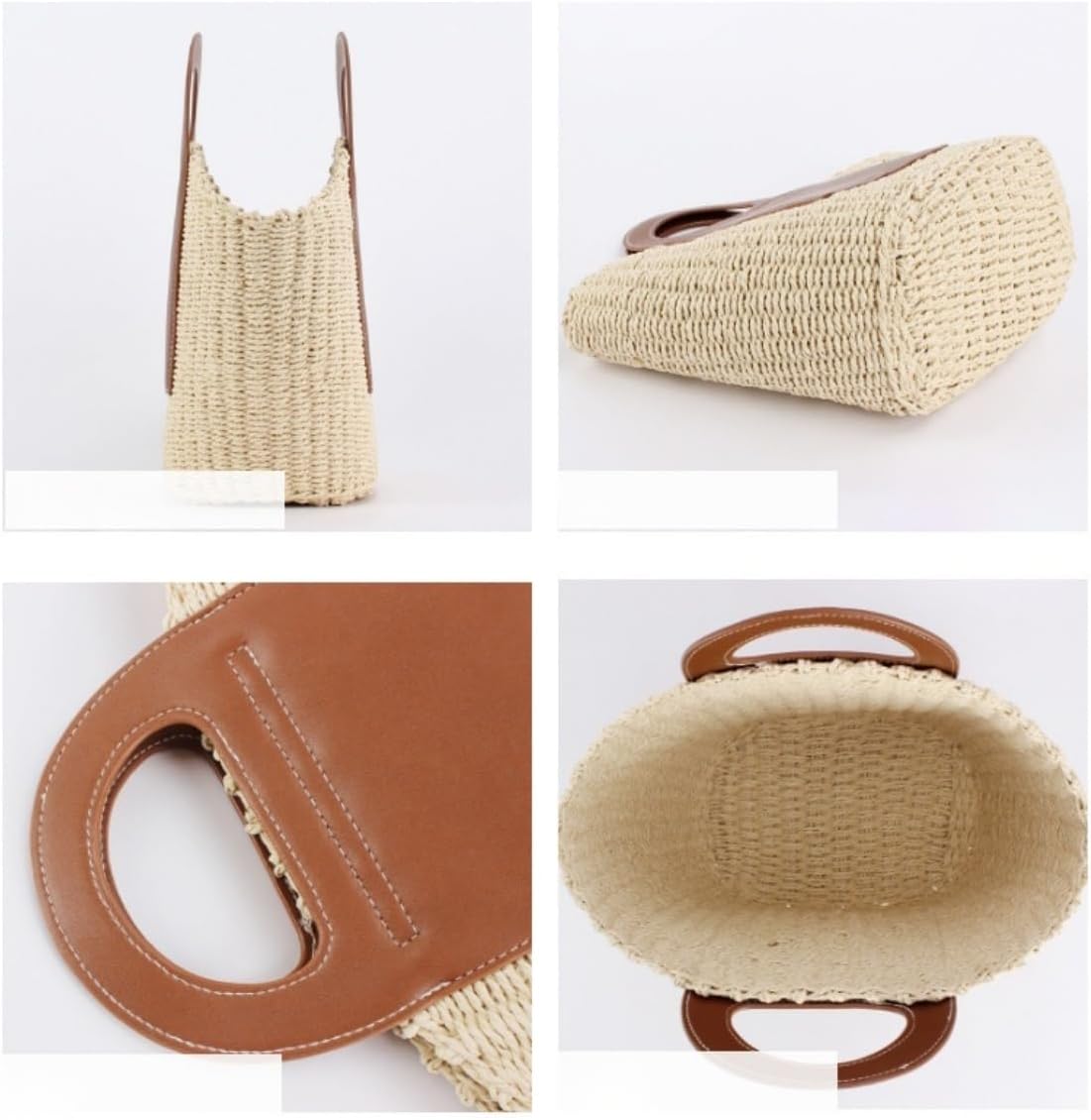 Women's Summer Straw Handbag Hollow Weaving Top Leather Handle Hand Carry Rattan Beach Bag Vacation vasertile chic
