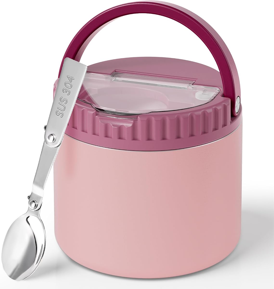 12oz Thermo for Hot Food, Insulated Food Jar with Foldable Spoon, Stainless Steel Vacuum Food Thermo, Wide Mouth Soup Thermos, Soup Containers with Lids for Kids School Lunch Travel (Pink)
