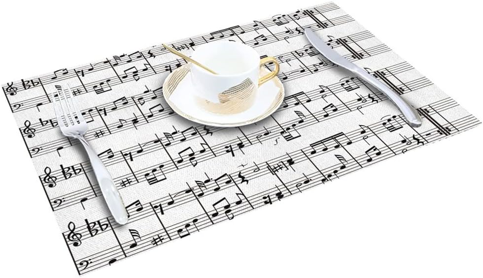 4/6 Pcs Placemat Table Mat Tab Music Note Black White Printed for Tables Linen Cotton Kitchen Dining Pads Placemats Set(6 PCS)