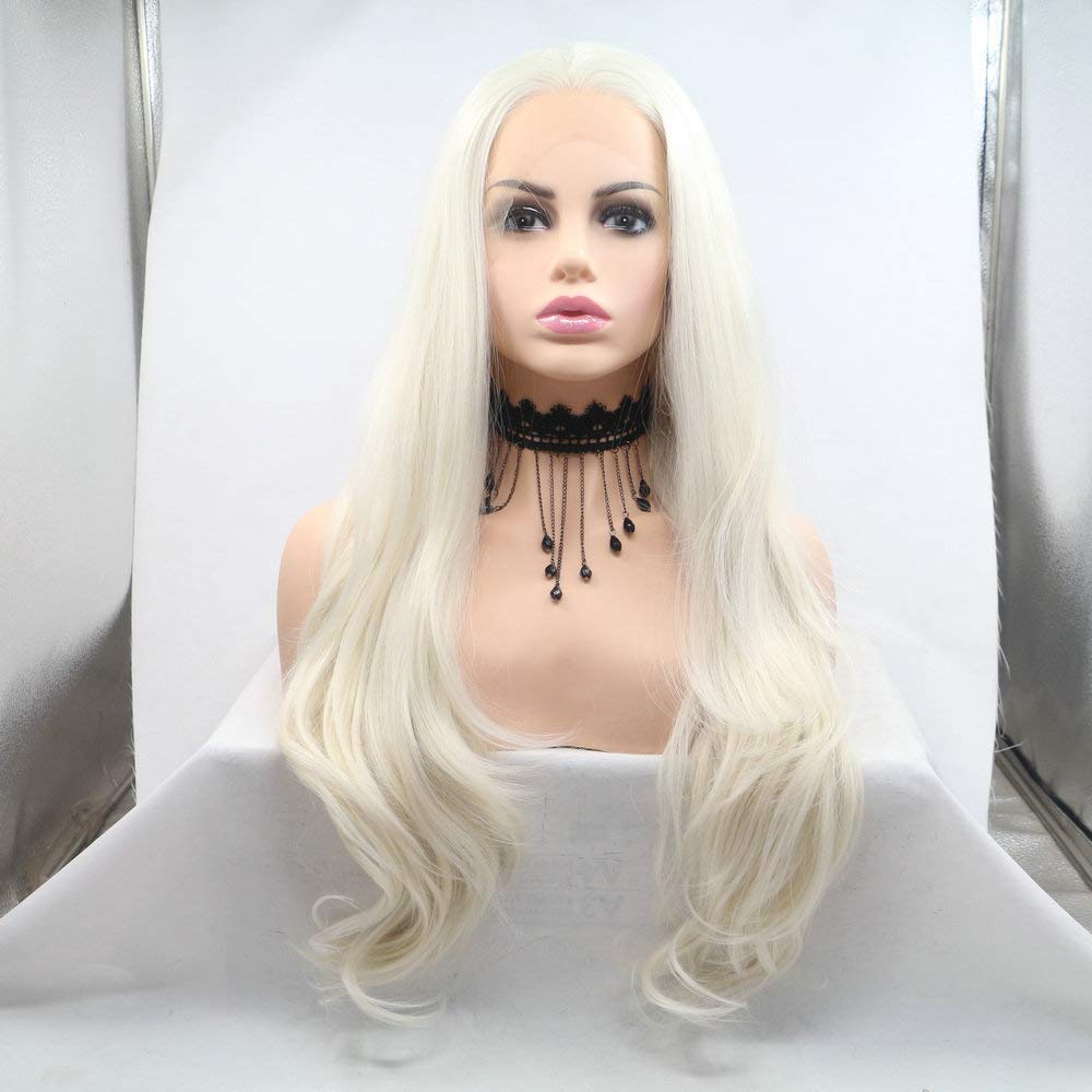 24" 60# Ice Blonde Lace Front 13x3" Pre Plucked Wigs UK Synthetic Hair Natural Looking Wigs for White Women Daily Wear Half Hand Tied White Wig Heat Resistant Fiber Free Part SereneWig