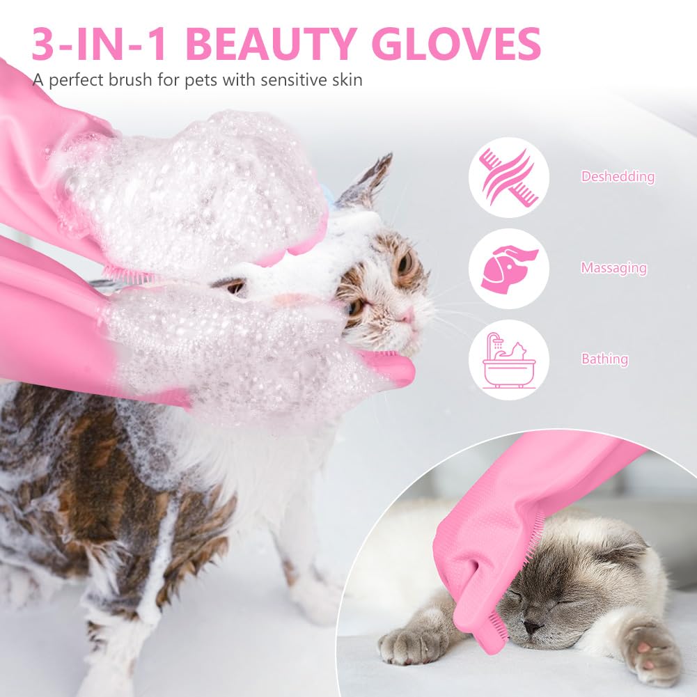 AMFUN Guanti da Toelettatura per Animali Domestici, Guanto per Gatti Cani, Guanti da Bagno in Morbido Silicone con Spazzola A Setole Morbide per Cani Gatti Coniglio