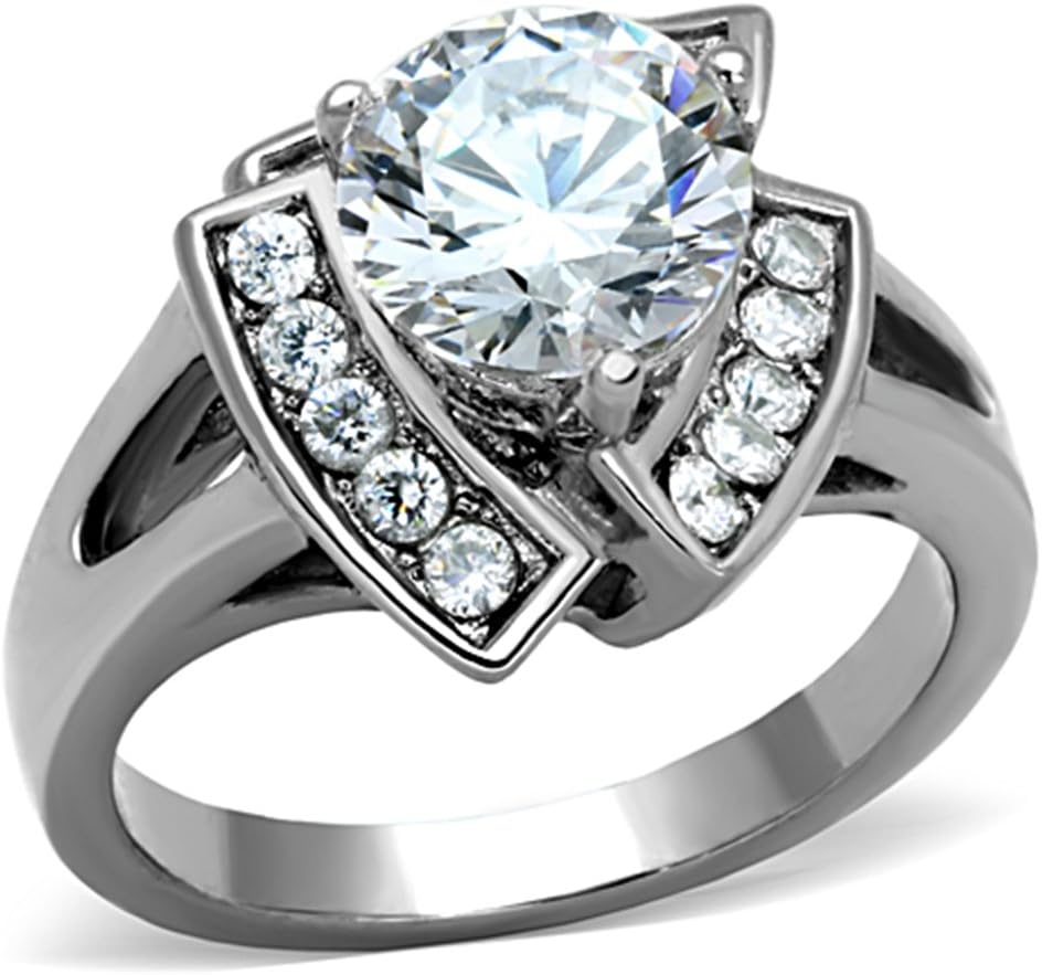 Marimor Jewelry 3.1 Carat Round Cut Zirconia High Polished Stainless Steel Engagement Ring Size 5-10