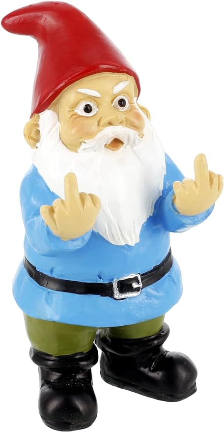 Small gnome figurine with a red hat, blue shirt, white beard, and black boots holding up both middle fingers.