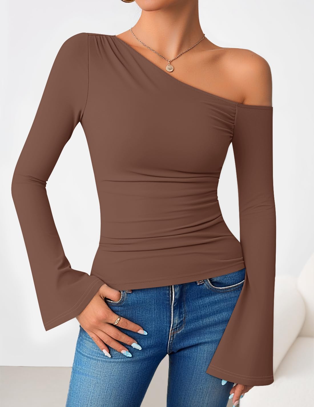 ZESICA Women's Off Shoulder Tops Bell Long Sleeve Shirts 2026 Spring Trendy Going Out Ruched Tight Fitted Y2K Clothes - Image 2