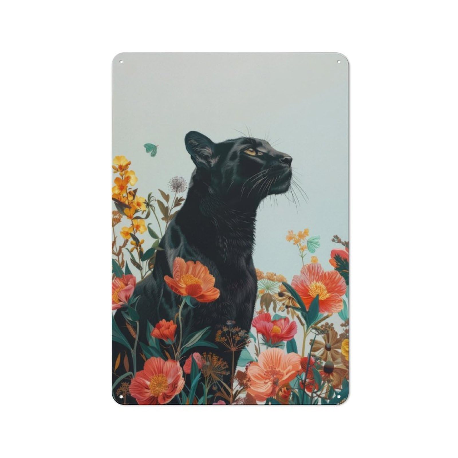 Junmoney Black Panther Botanical Rustic Metal Wall Decor 30X20cm, Country Metal Sign For Kitchen, Cottage, Porch Or Garden Room