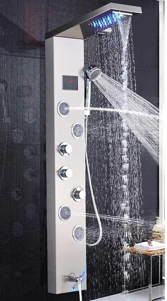 Brushed Nickel LED Light Shower Panel Set - Waterfall Rain Shower Faucet, SPA Age Jets, Shower Tower Mixer Tap for Ultimate Bath Experience