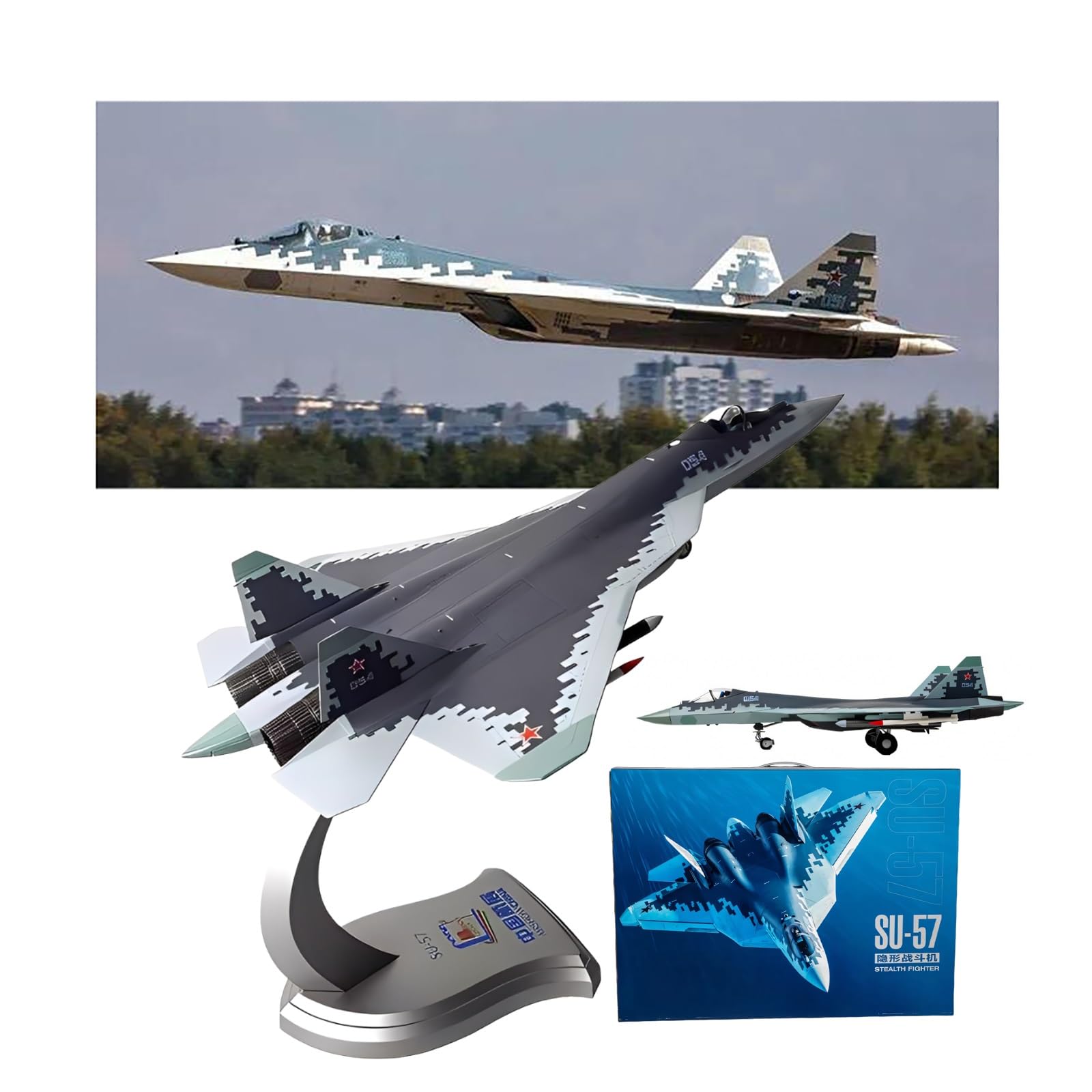 AVMLWEPA 1/48 Russian Su57 Stealth Alloy Diecast Su-57 Military Fighter Plane Model Metal Aircraft Pre-Build Airplane Kit with Display Stand for Collections and Displays Showcase