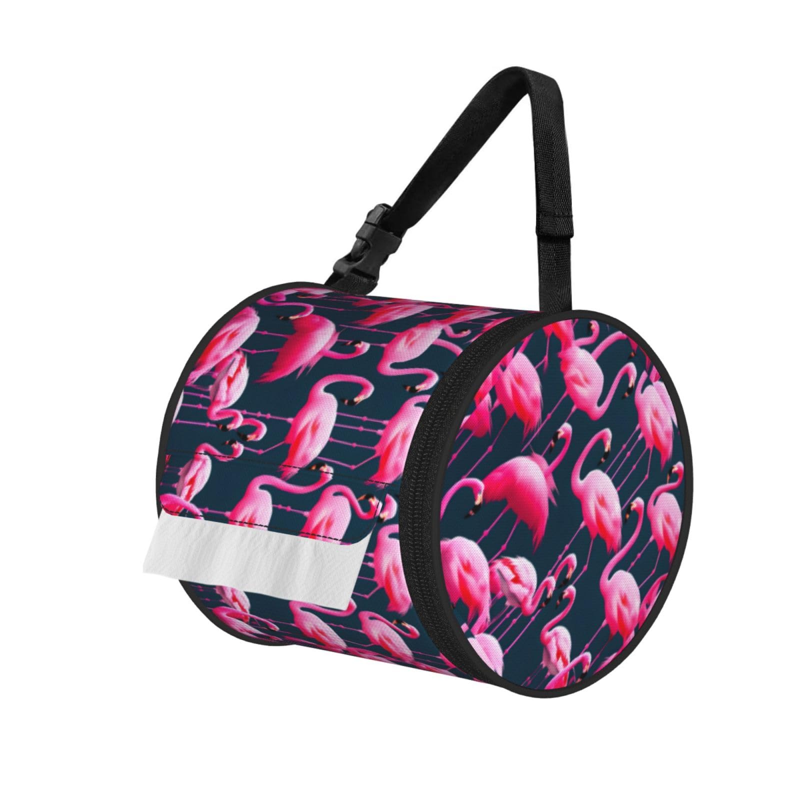 Jiuty Black Pink Flamingos Print Cylinder Tissue Organizer Bag With Strap, Portable Toilet Roll Holder For Camping Car