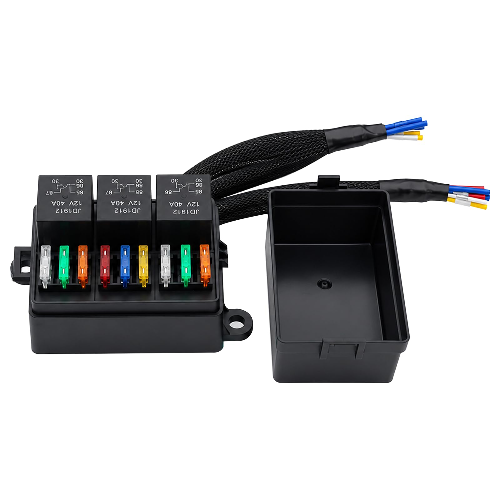 12V 9Way Pre-Wired Fuse and Relay Box Kit with 3 x 40A 4-Pin Relays & 9 ATC/ATO Fuses for Car, Truck, Boat, Jeep, Marine Vehicle-image-9