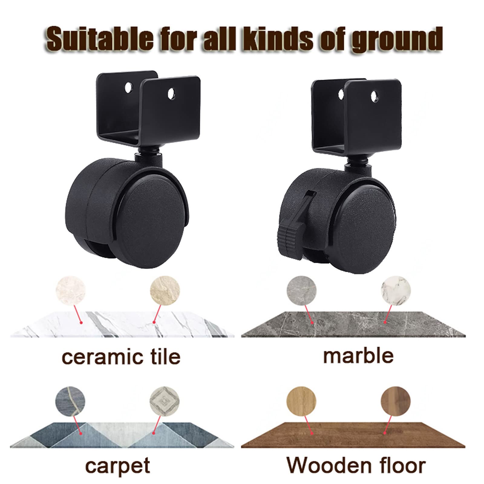 Rotelle girevoli a Forma di U da 4 Pezzi, rotelle per mobili Fai da Te, rotelle mobili per Supporto per Fiori, capacità di carico 60 kg, Ruote girevoli con Freno con Viti (Nero), 2