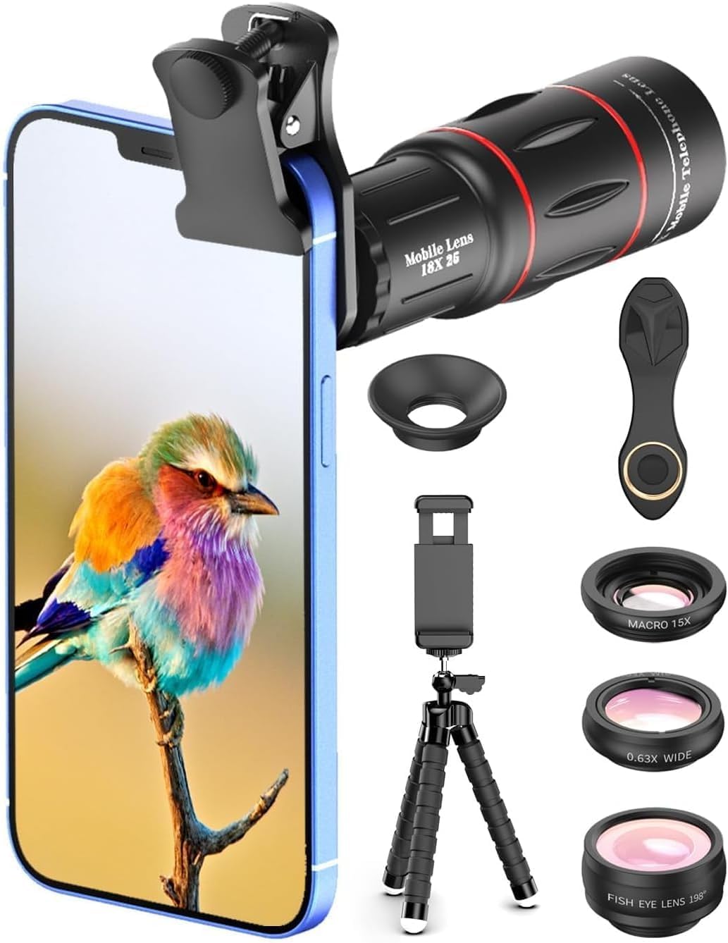 APEXEL 18x Lente per Telescopio, Obiettivo Grandangolare da 0,63x e Obiettivo Macro 15x, Fisheye da 198 °, Treppiede Flessibile per iPhone e la Maggior Parte degli Smartphone