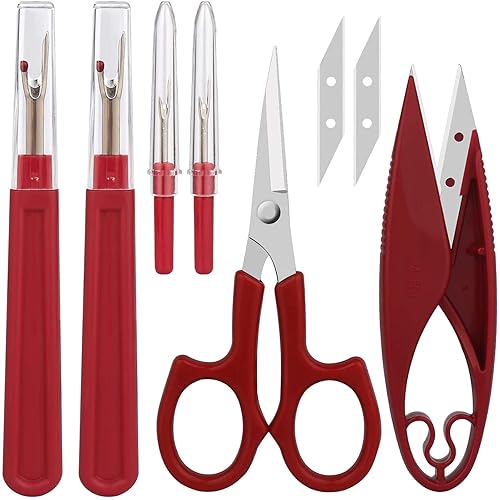 Sewing Seam Ripper Tool,Stitch Remover and Thread Cutter with 2Big+2Small Seam Rippers,1 Pack Thread Snips,1Pack 5”Scissor - Red