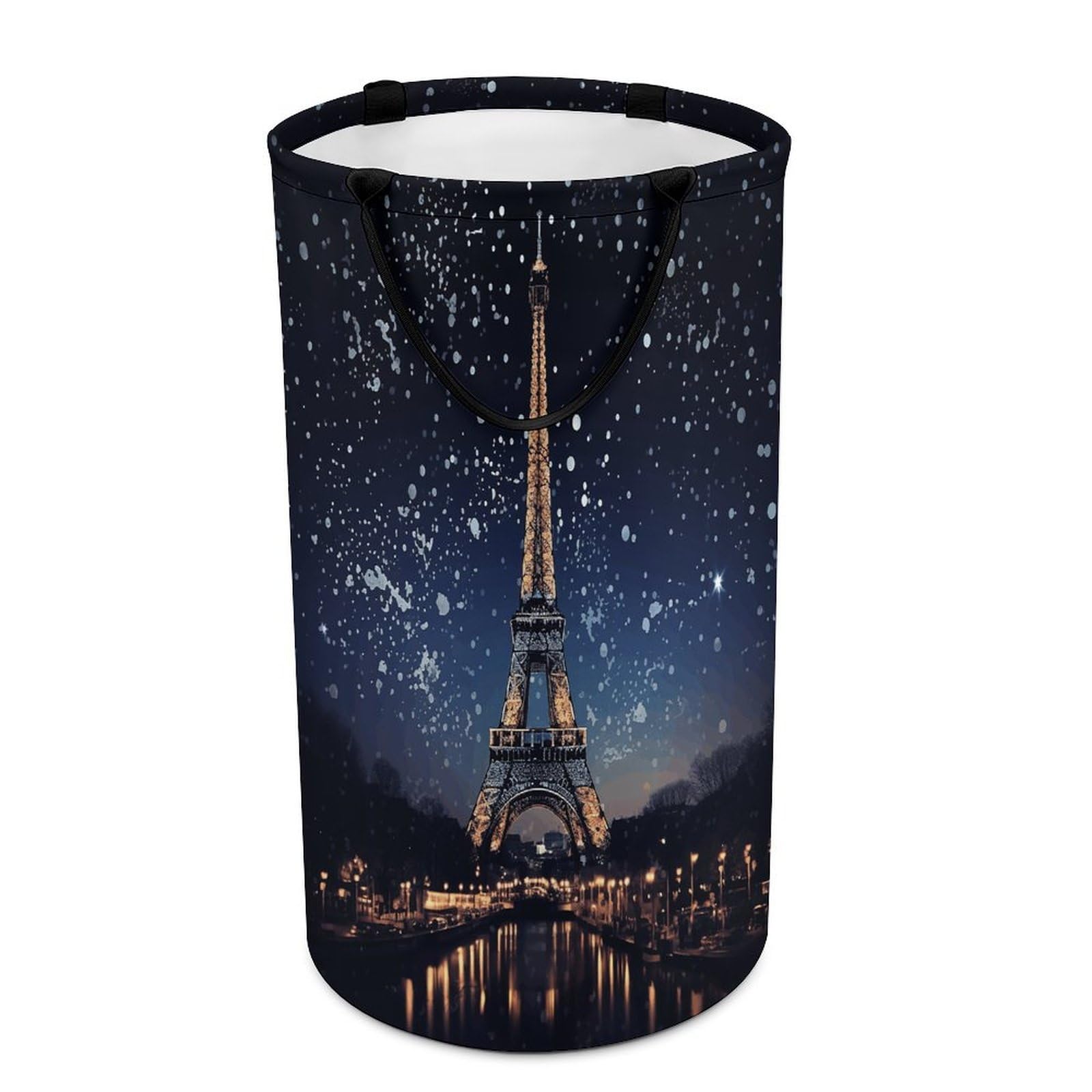 Night Paris Eiffel Tower Laundry Basket Large Foldable Laundry Hamper with Handles Freestanding Collapsible Clothes Basket Waterproof Portable Dirty Clothes Hamper for Bathroom 86L