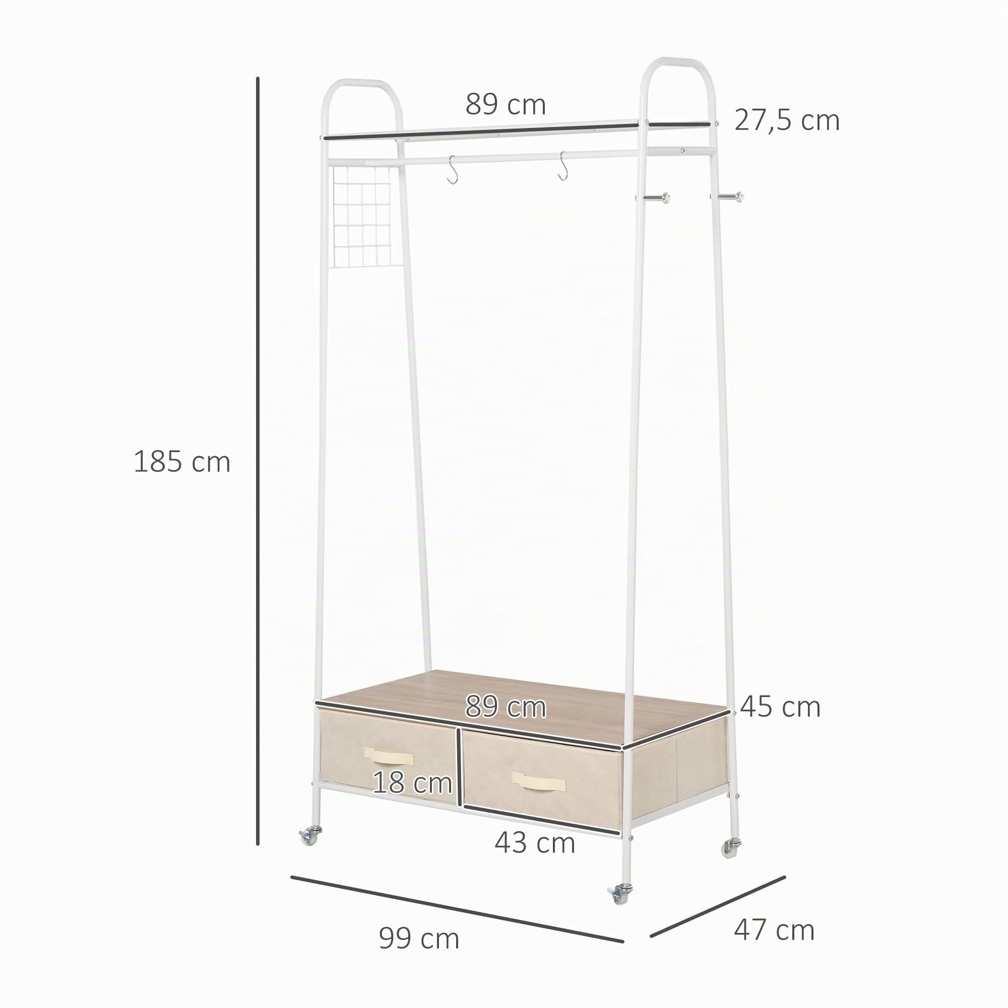 HOMCOM Perchero Metálico con Ruedas para Ropa con Riel Cajones 99x47x185cm | Colgador para Ropa, Estantes, Organizar Bolsos Zapatos, Hogar Vestidor Pasillo