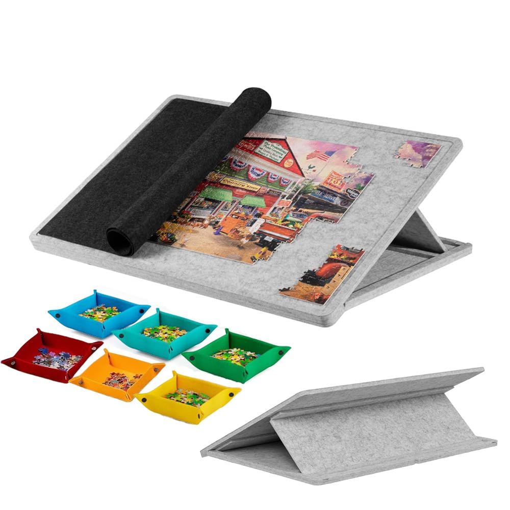 Ccarzzi Tilting Jigsaw Puzzle Board, Portable Felt Jigsaw Board with Cover and 6 Colored Sorting Trays, 3 Adjustable Angles, Lightweight Puzzle Mat for 1000 Pieces, Adult and Children (Light gray)