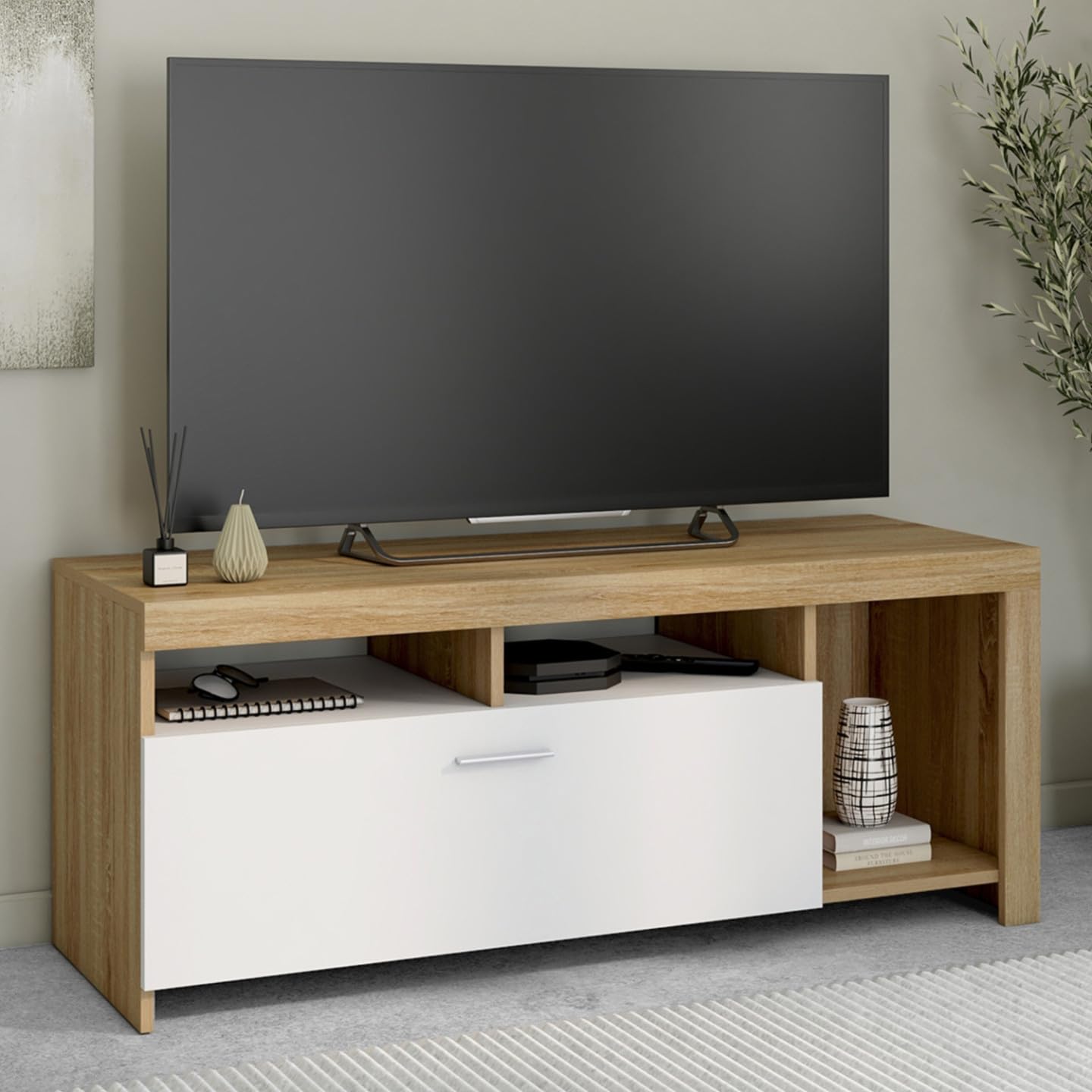 IDMarket - Mueble de TV 110 cm Malo Madera y Armario Blanco