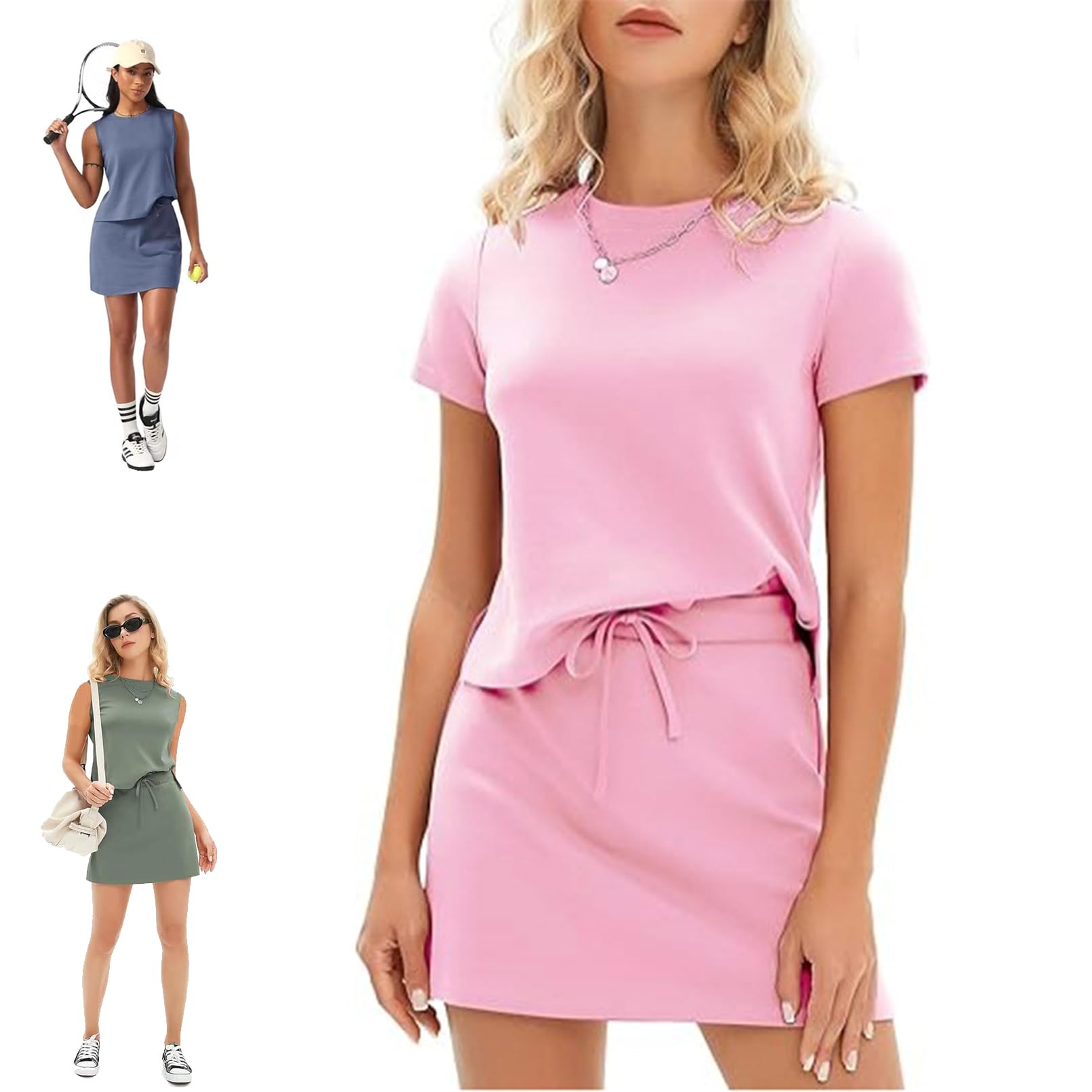 Skort Sets Women 2 Piece Outfits, Tennis Skirt Sets Women 2 Piece Outfits, Beach Vacation Clothes for Womens (Sleeves/No Sleeves)
