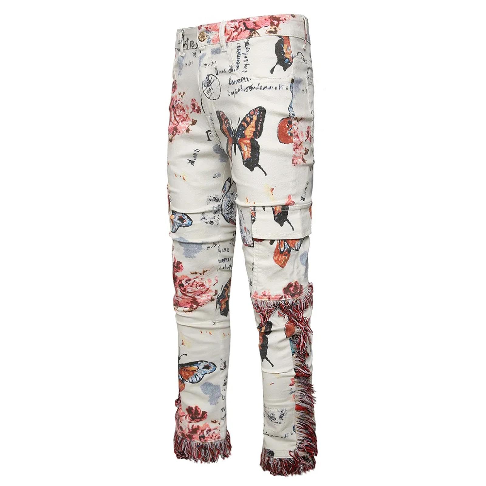 Jeans Pantalon Männer Jeans Mit Schmetterlingsblumenmuster Quasten Schmale Gerade Hosen Taschen Hosen Hosenmuster