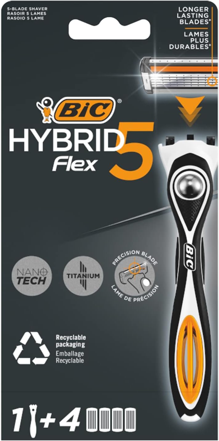 BIC Hybrid 5 Flex Men's Wet Razor with 4 Interchangeable Blades with 5 ...
