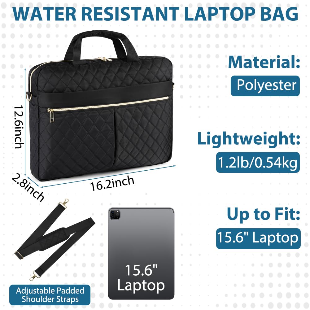 Borsa del Portatile, 15.6 Pollici Cartella per Laptop, Borsa da Lavoro Donna Impermeabile, Borsa Computer Grande con Tasche e Divisori Interni Imbottiti, con Tracolla, per Ufficio, Scuola, Nero