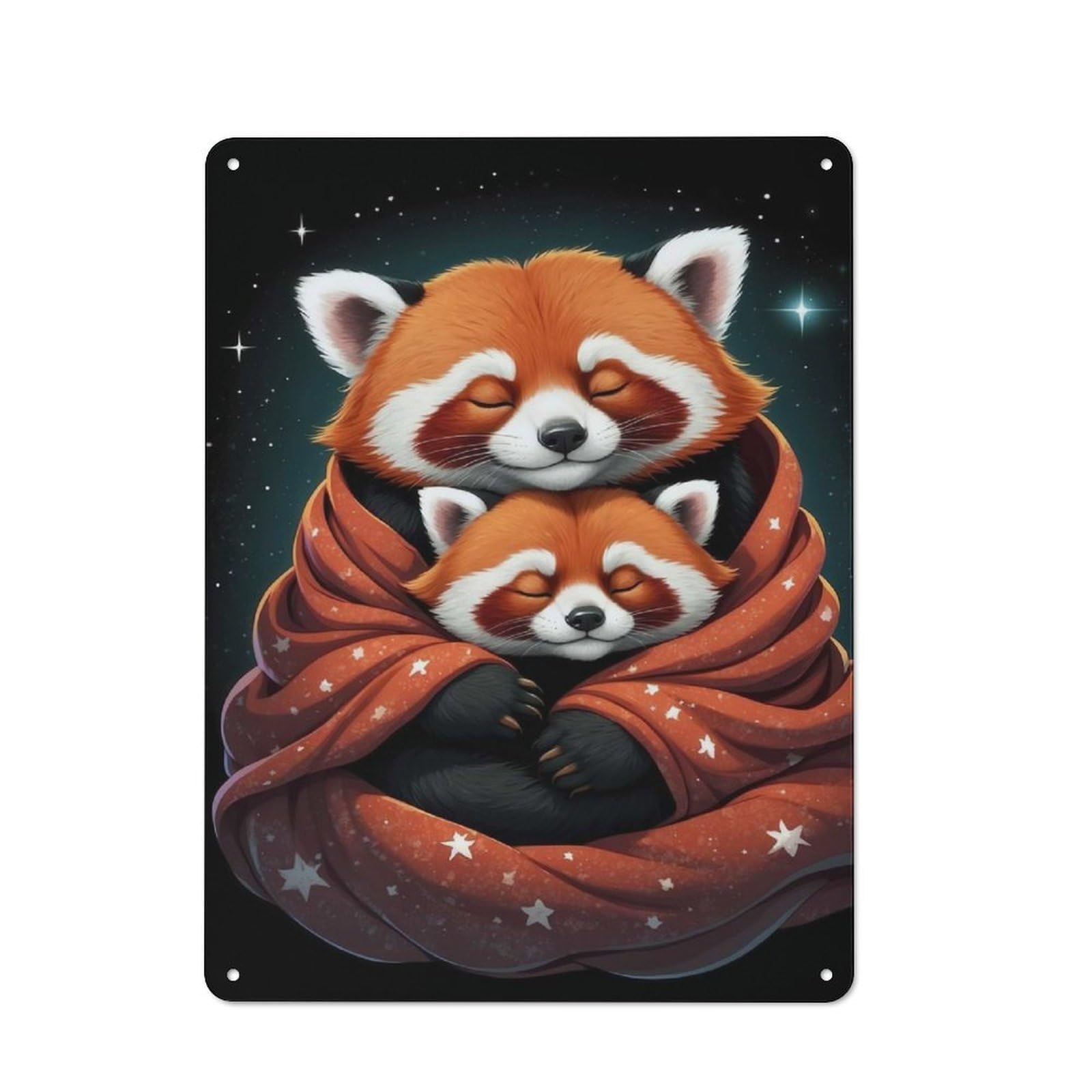 Junmoney Style-23 Character Decorative Tin Plaque 40X30cm Featuring Red Pandas Snuggled In Star Blanket, Home Wall Decor For Flat, Dorm Room, Lounge Or Cafe
