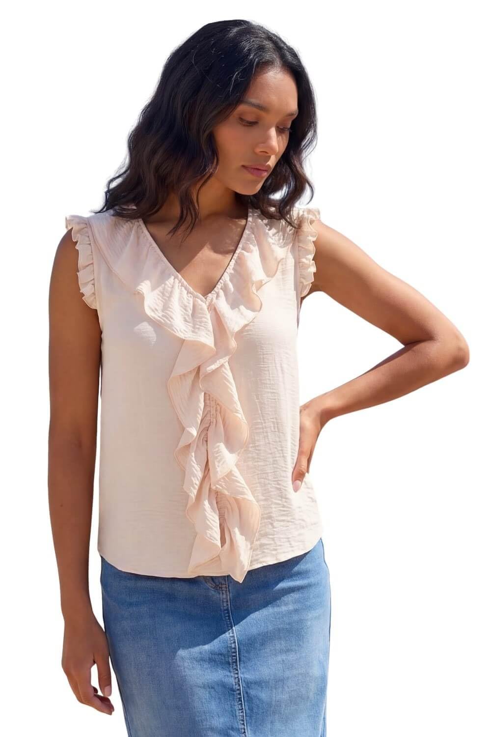 Roman Women's Pink V-Neck Ruffle Front Vest Top Size 16