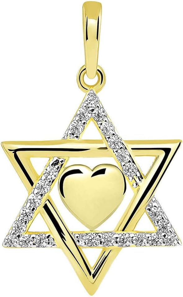 Jewelry America 14k Yellow Gold Hebrew Love CZ Star of David with Heart Pendant Cuban Necklace - Image 3