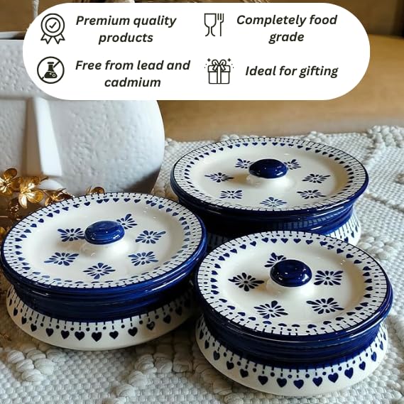 Image of Niyara Stoneware Handmade Ceramic Handpainted Multipurpose Storage Ceramic Jars & Containers with Lid Microwave Dishwasher Safe(Set of 3,) - Kitchen Storage /Serving Snacks Dish (Blue Berry)