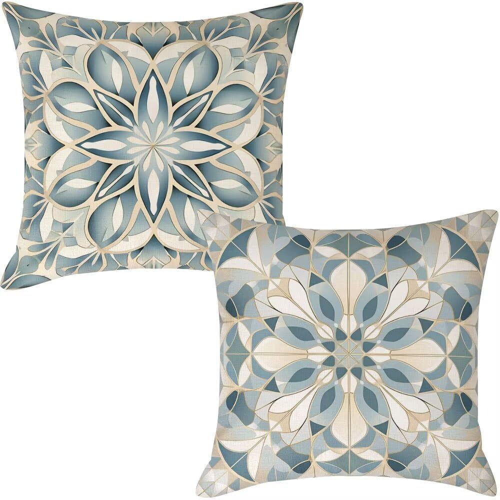 Federe Cuscini da Esterno Impermeabili 65x65 Blu Copri Cuscini per Divano Boho Federa Cuscino Floreale Decorativi Copricuscini per Divano Giardino Patio Soggiorno Copricuscino Set di 2 (IU403)
