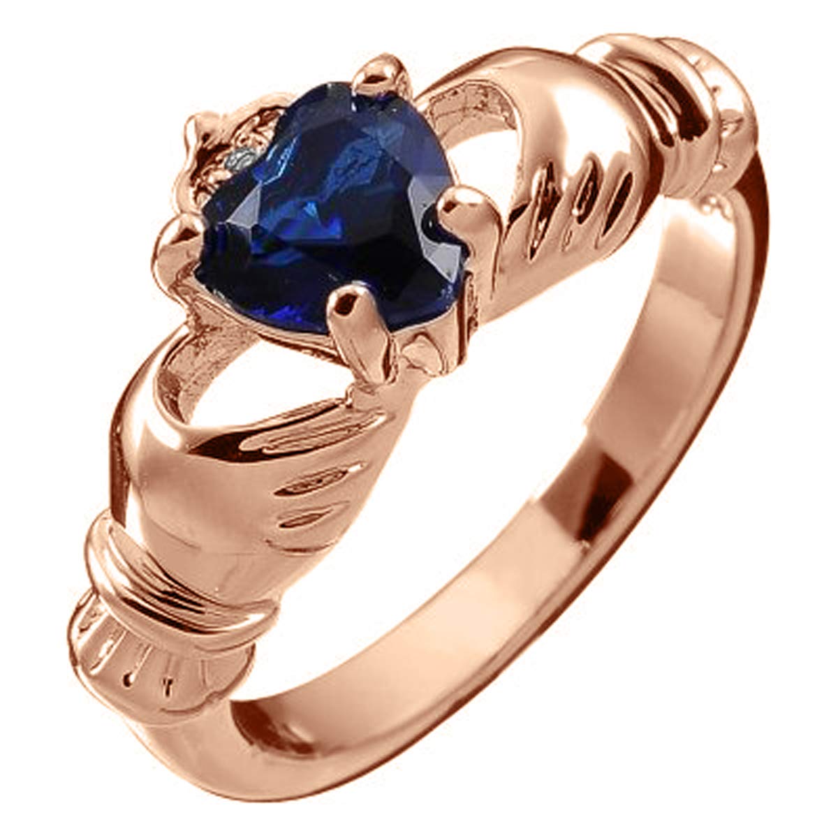 GWG Jewellery Anillo de Claddagh, Chapado en Oro Rosa 18K Dos Manos que Rodean Corazón de Piedra de Color Zafiro Azul con Corona en Caja de Regalo para Mujeres