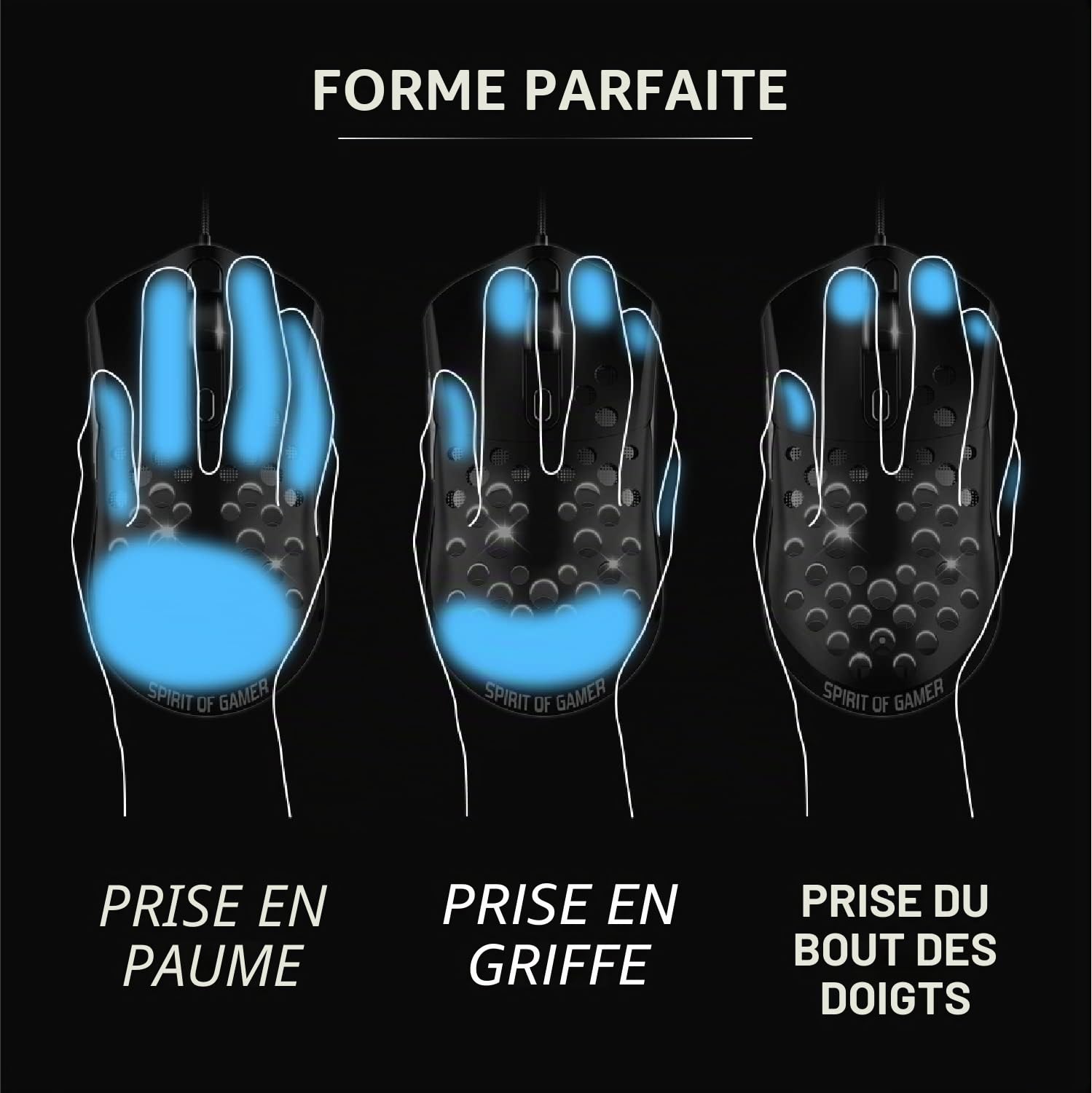 Spirit Of Gamer - ELITE M80 - Souris Gaming RGB ultra-légère - Câble flexible - Capteur optique 4200 DPI - 6 boutons programmables - Coque perforée en nid d'abeille noir - Poids : 68 g