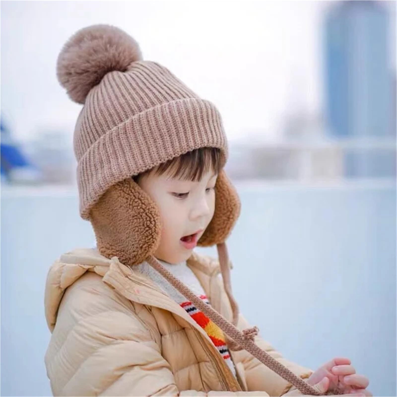Adorable Pompom Baby Winter Hat – Thick Plush Knitted Earflap Beanie for Boys & Girls, Warm Ear Protection Cap(1)