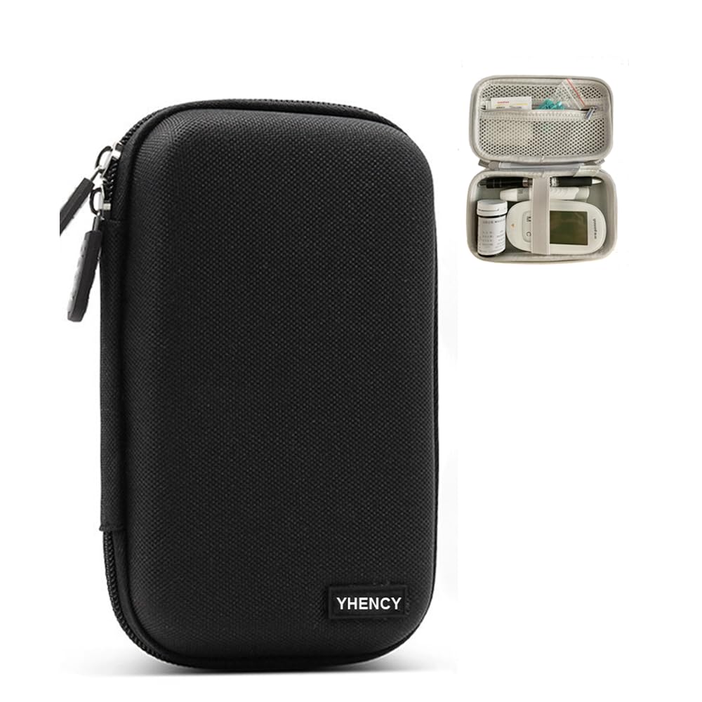 Hard Shell Diabetic Supplies Bag Carrying Case Organizer For Diabetes Testing Kit, Blood Glucose Monitor Kit with Meter, Blood Sugar Test Strips, Lancets, Lancing Device, Alcohol Wipe (A-Black, Small)