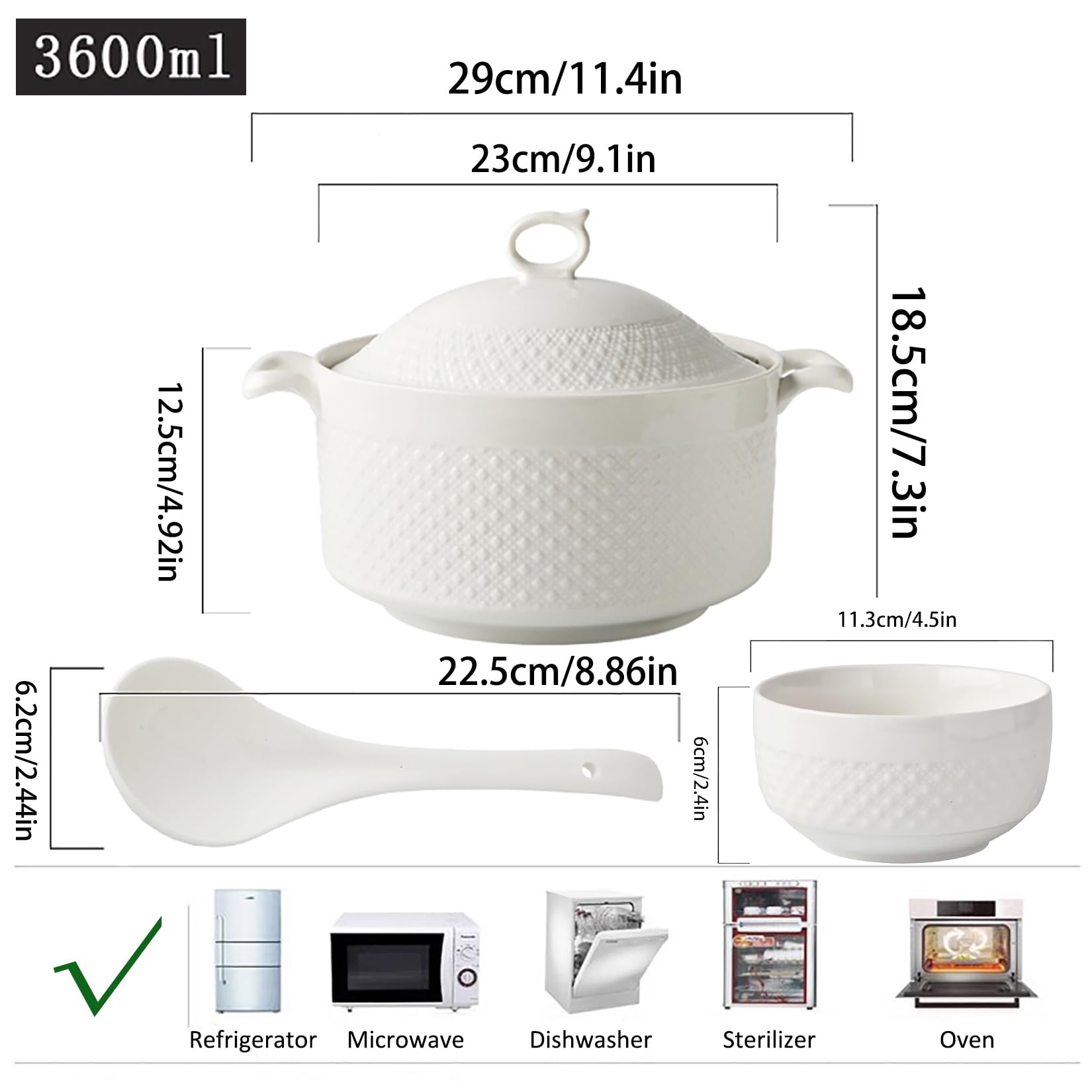 Soupière avec Bols, Soupe Service Bol en Porcelaine avec Couvercle et Louche Ensemble de Vaisselle Blanche pour la Cuisine à Domicile et Le Restaurant,3.6l+6