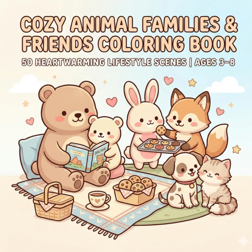Cozy Animal Families and Friends Coloring Book for Kids: 50 Heartwarming Lifestyle Scenes with Cute Animal Families, Friendship Moments, and Everyday Adventures | Ages 3–8